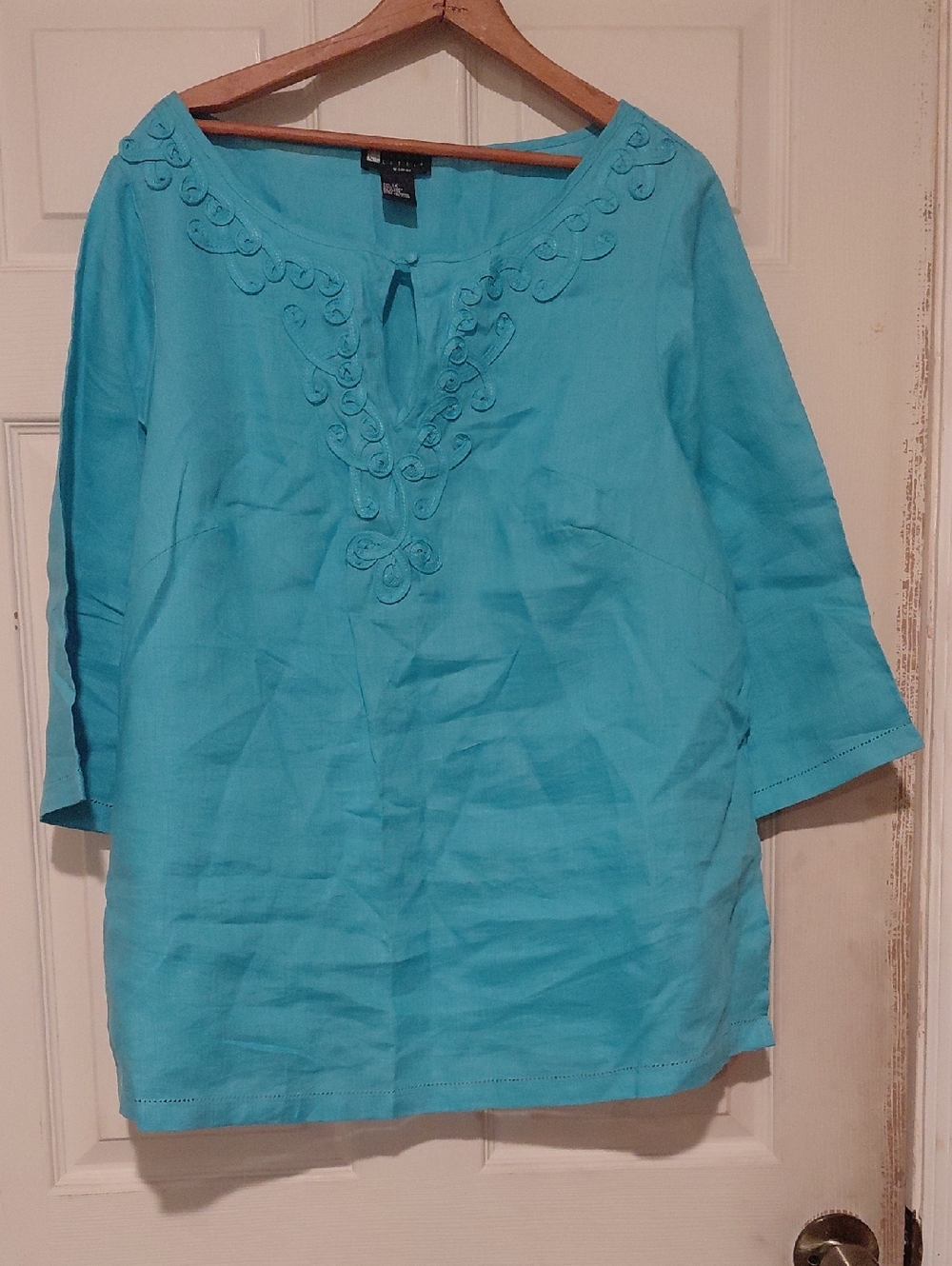 Carole Little Wolens Size 1X Round Neck Key Hole Braided Front 3/4 Sleeves Tunic